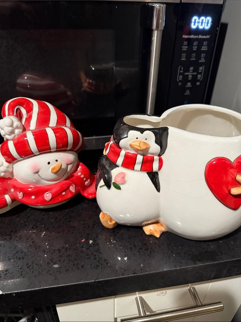 Festive Red & White Snowman with Penguin Ceramic Figurine - 11” x 10”